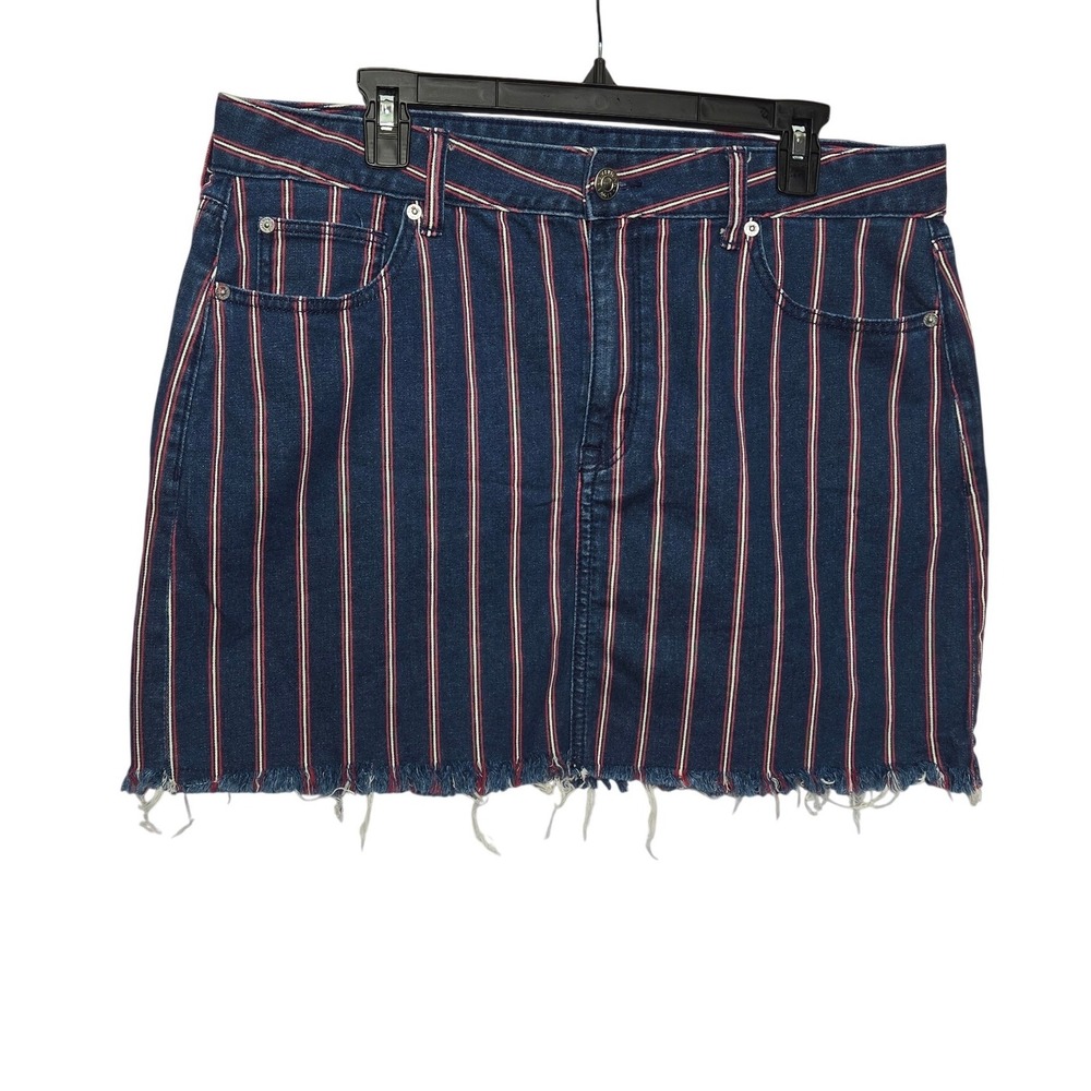 American Eagle Denim Mini Skirt Womens 16 Blue Red White Striped Stretch Holiday
